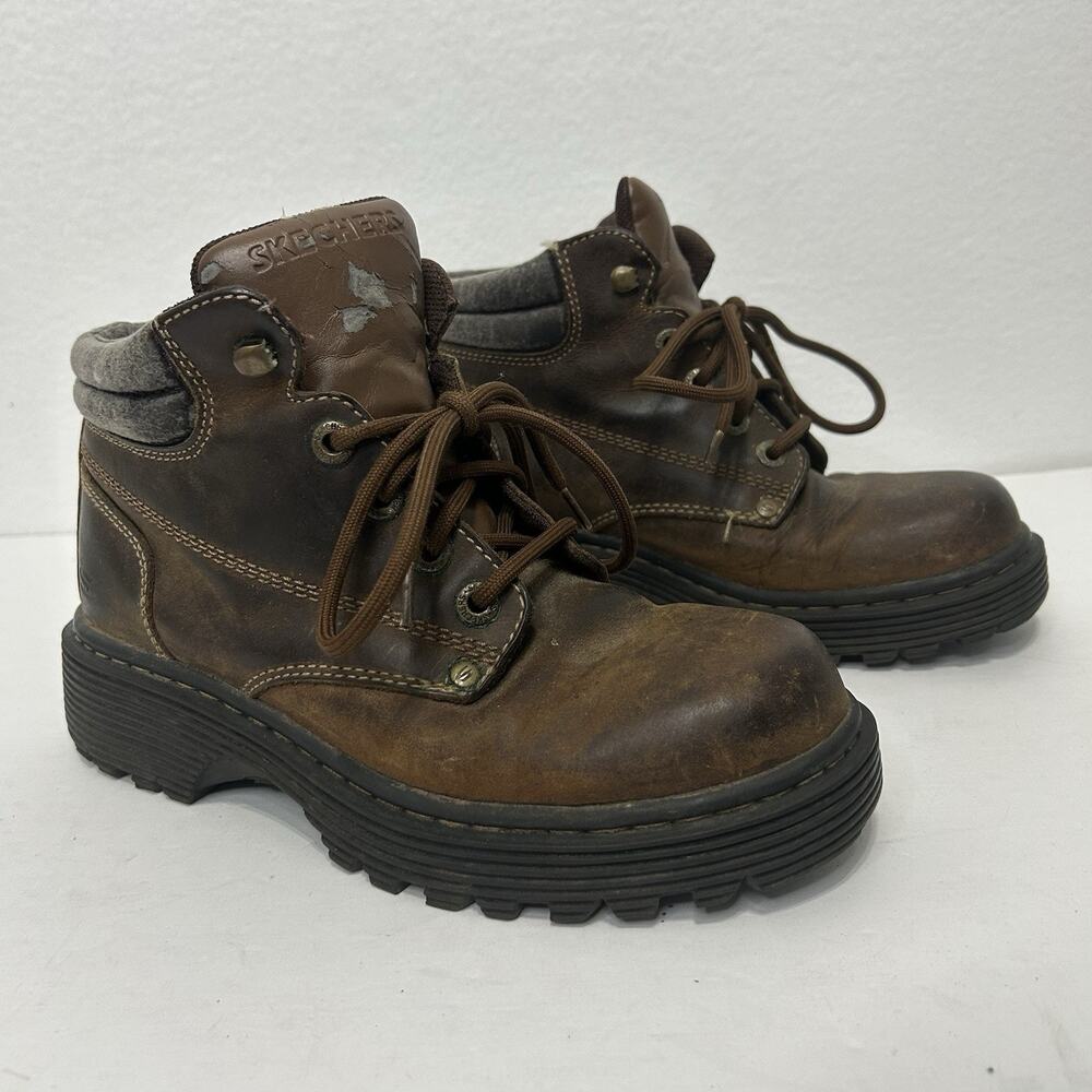 Skechers Womens 8 Brown Leather Boots Lug Sole Work Utility Rugged Gorpcore 1231